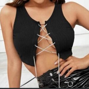 Le Lis Black Tank Top with Rhinestone Lace-Up Front. New without tags. Size L.